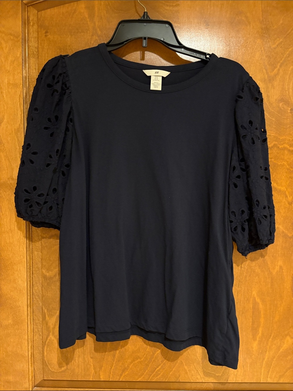 H&M Navy Puff-Sleeve Eyelet Top